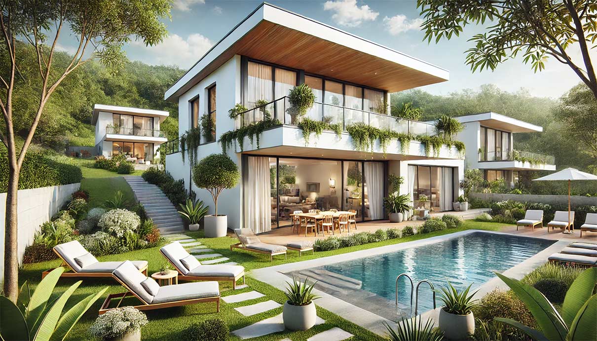 Illustration réaliste d'une maison moderne à toit plat, avec une terrasse extérieure aménagée, des meubles de jardin contemporains et une piscine rectangulaire entourée de verdure. La maison est de couleur blanche, dotée de grandes fenêtres et de baies vitrées. Le jardin est soigneusement entretenu avec des plantes en pot, des arbustes, et des chaises longues près de la piscine.