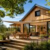 Maison contemporaine en bois protégée du soleil par des brise-soleil, une pergola végétalisée et des arbres