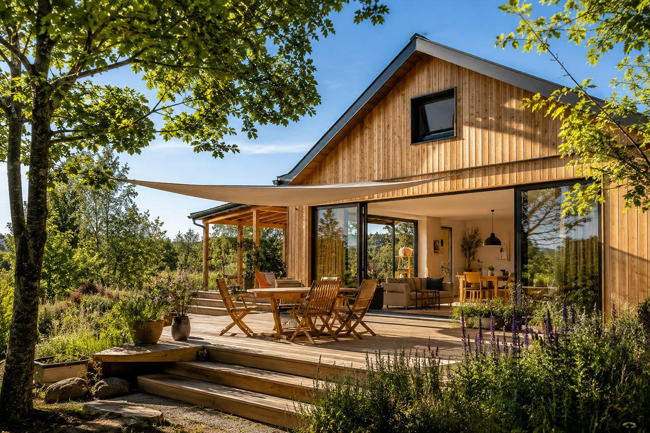 Maison contemporaine en bois protégée du soleil par des brise-soleil, une pergola végétalisée et des arbres