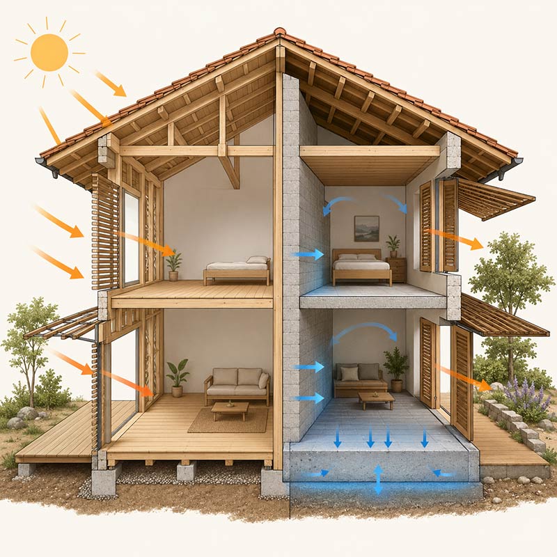 Coupe comparative d’une maison bois légère et d’une version avec dalle minérale et cloison lourde pour améliorer l’inertie