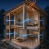 Maison en bois ventilée la nuit, avec air frais traversant les pièces et chaleur évacuée par une ouverture haute