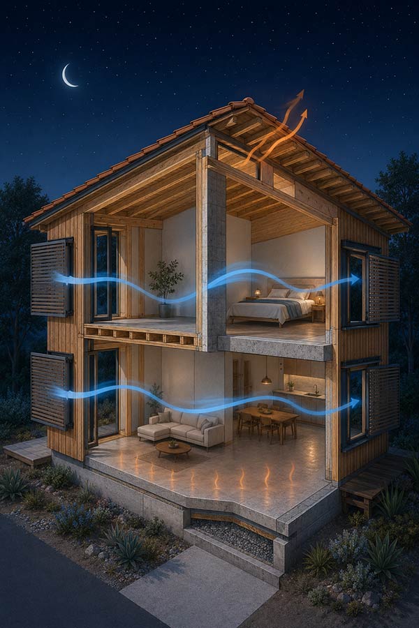 Maison en bois ventilée la nuit, avec air frais traversant les pièces et chaleur évacuée par une ouverture haute