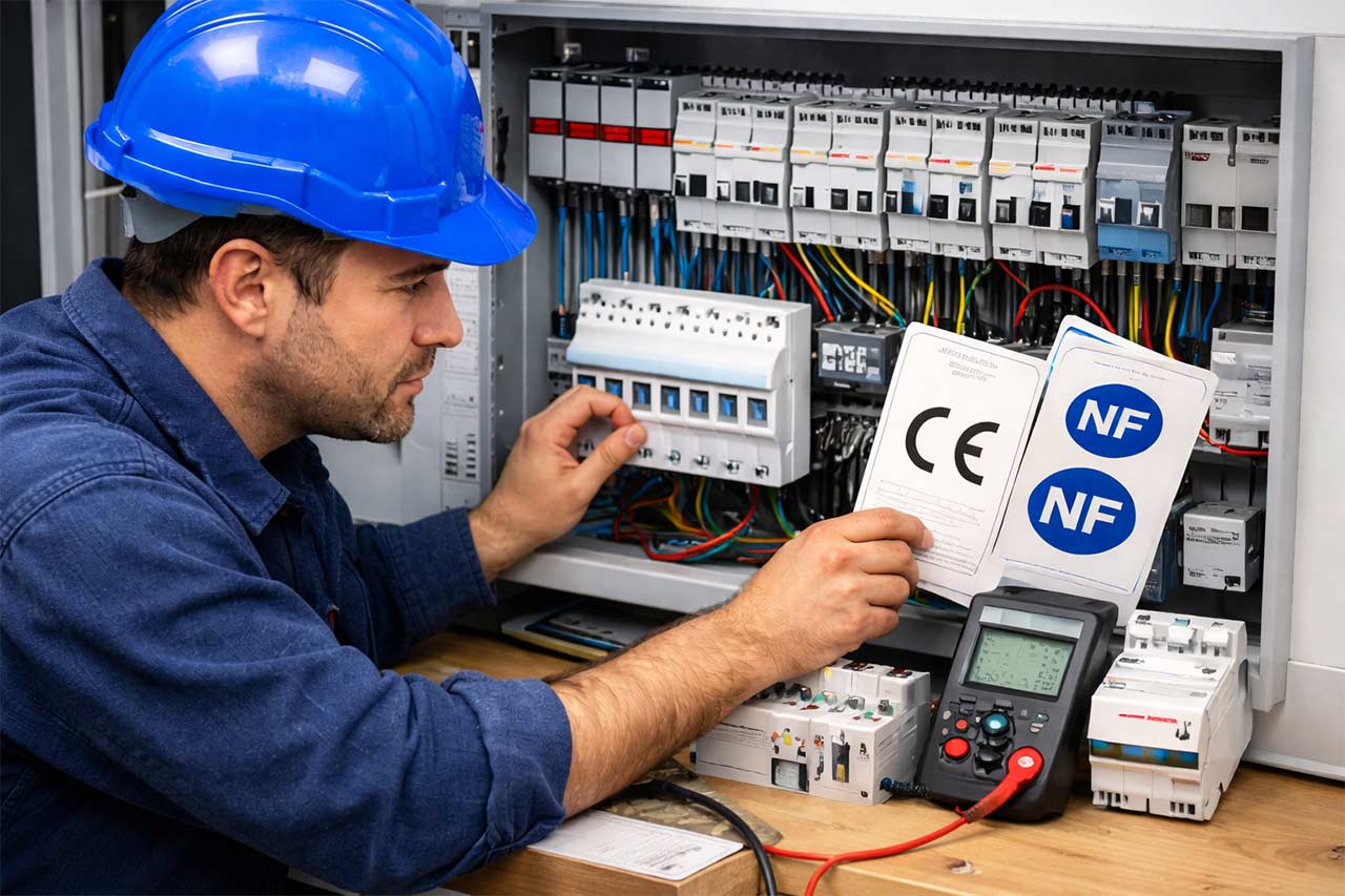 Technicien casque bleu inspectant un tableau électrique ouvert et comparant des documents de conformité, avec logos CE et NF visibles, illustrant la sélection d’un fournisseur selon les normes et la sécurité des installations.