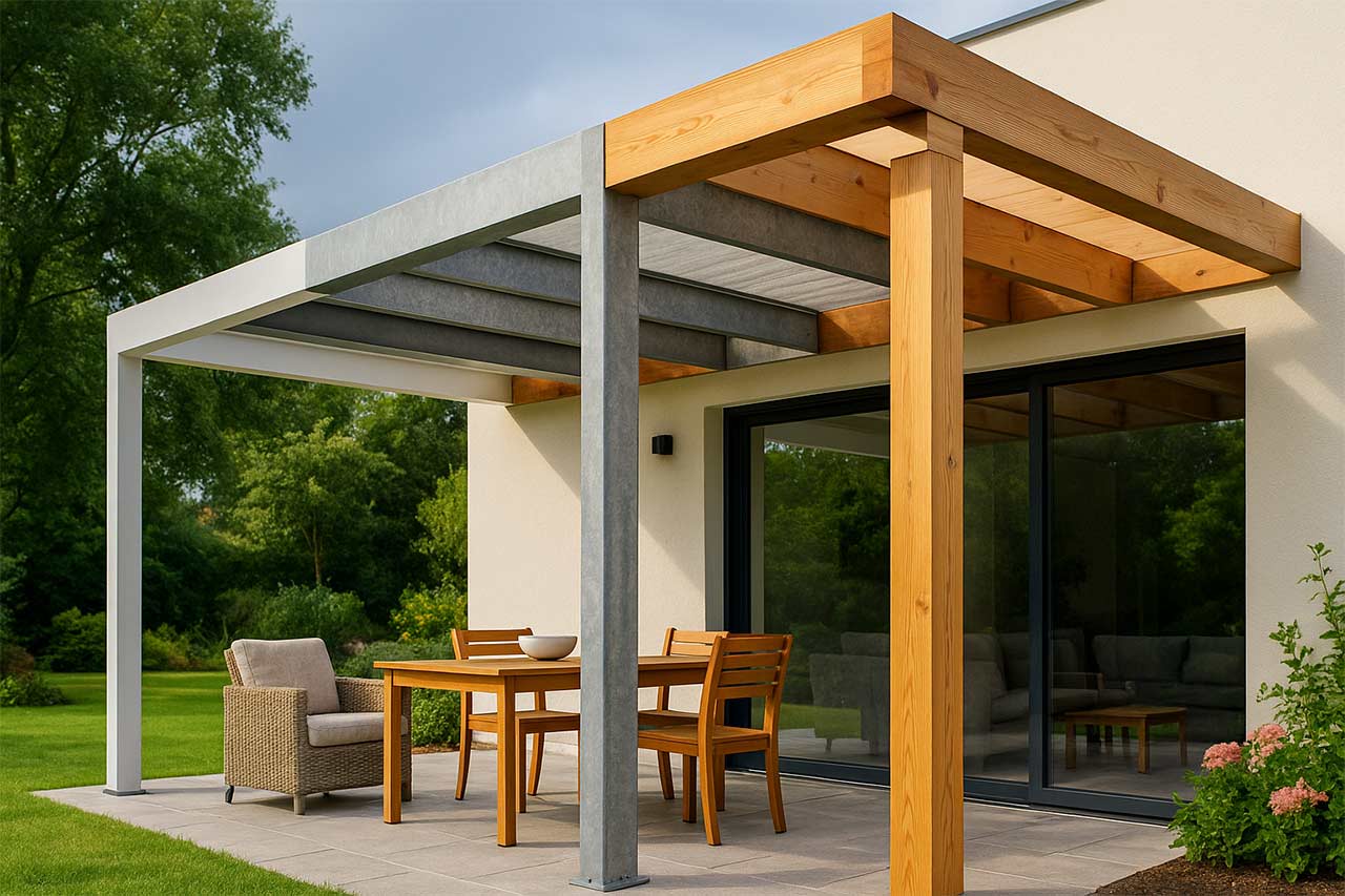 Auvent contemporain au-dessus d’une terrasse familiale, mixant trois sections comparatives : une structure aluminium thermolaqué aux lignes nettes, une ossature acier galvanisé au rendu métallique mat, et un auvent bois Douglas au veinage visible ; lumière douce de fin d’après-midi, jardin verdoyant, façade claire