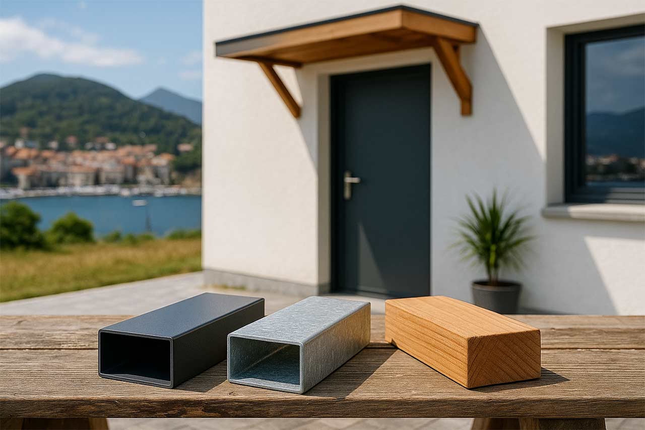 Échantillons d’aluminium laqué, d’acier galvanisé et de bois posés sur un établi devant une maison côtière, illustrant la comparaison des matériaux et leur vieillissement (patine, sel, UV).
