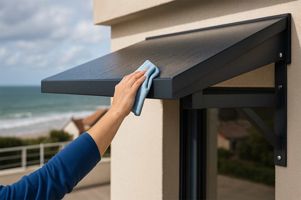 Main essuyant un auvent en aluminium sur une façade au bord de mer, symbolisant l’entretien doux et la bonne tenue du thermolaquage dans un environnement salin