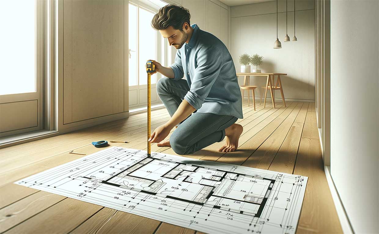 jeune homme mesurant l'espace dans une pièce vide de sa nouvelle maison avec un mètre ruban. Des plans de maison sont éparpillés sur le sol, et l'individu semble concentré sur les mesures pour s'assurer que les meubles choisis s'intégreront parfaitement
