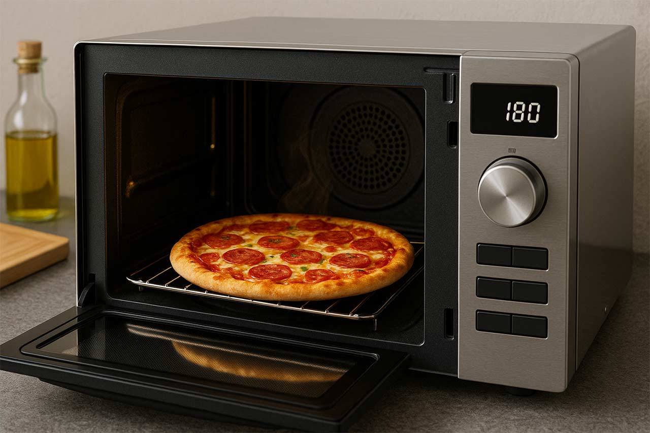 Gros plan sur une pizza et un plat de cookies cuisant en convection dans un combiné, résistance grill visible en partie haute