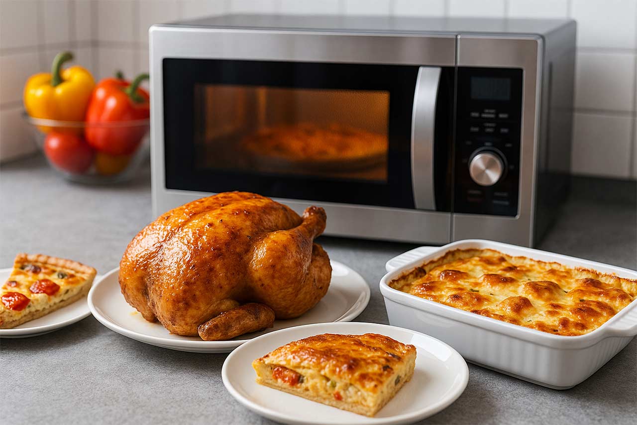Scène colorée : poulet rôti, part de tarte et gratin sur un plan de travail, micro-ondes combiné en arrière-plan