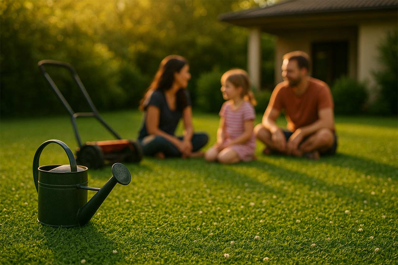 Pelouse domestique mêlant micro-trèfle et graminées, couleur verte soutenue, famille profitant du jardin, arrosoir posé au sol, lumière douce de fin d’après-midi