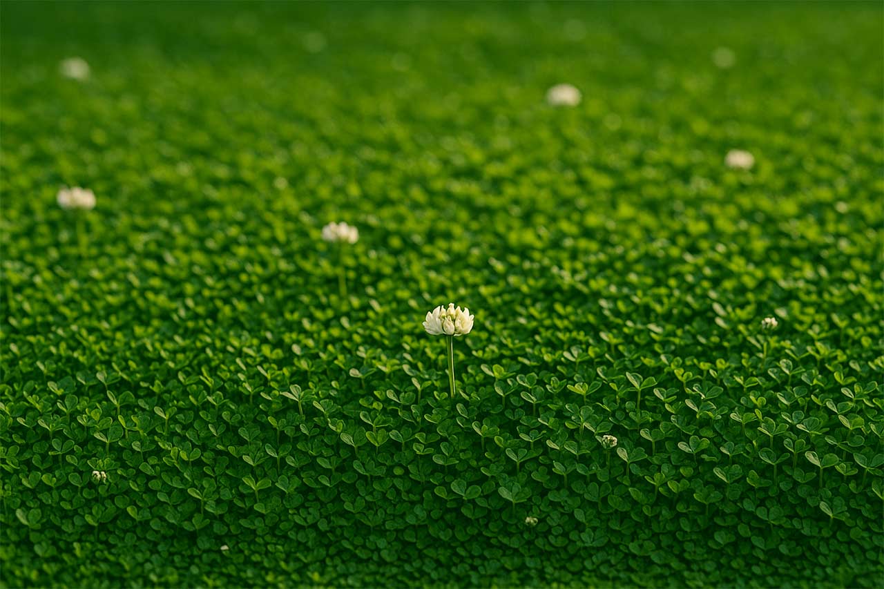 gros plan sur mélange dense de micro-trèfle et de fines graminées, feuillage vert profond, quelques fleurs blanches discrètes