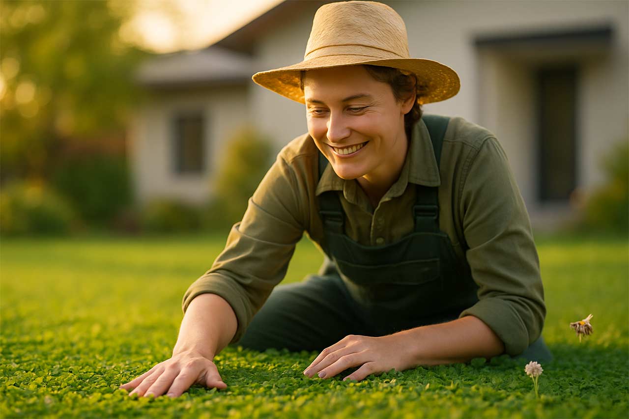 jardinière au visage lumineux, accroupi·e sur une pelouse au micro-trèfle très verte, expression de satisfaction, main effleurant le tapis végétal, arrière-plan doux avec maison contemporaine floutée, bokeh léger et abeille floue près d’une fleur de trèfle