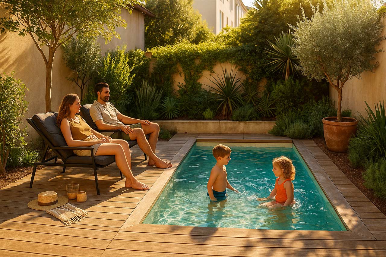 Famille de quatre autour d’une mini-piscine rectangulaire dans un petit jardin urbain, terrasse en bois et végétation méditerranéenne, lumière dorée de fin d’après-midi