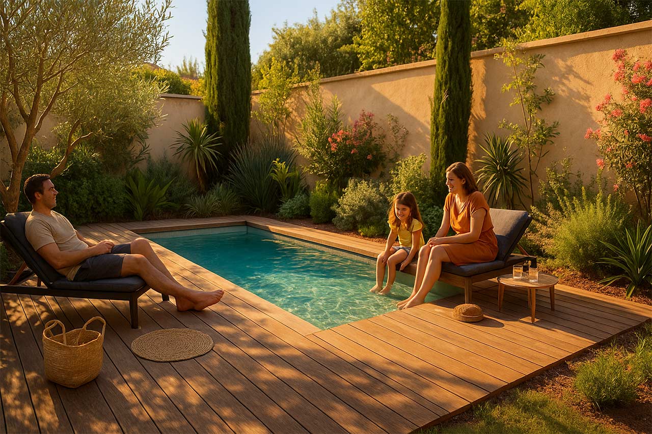 Jardin cosy avec mini-piscine rectangulaire ; mère et enfant assis au bord, père sur un transat, deck en bois, cyprès et olivier, ambiance calme de fin de journée."