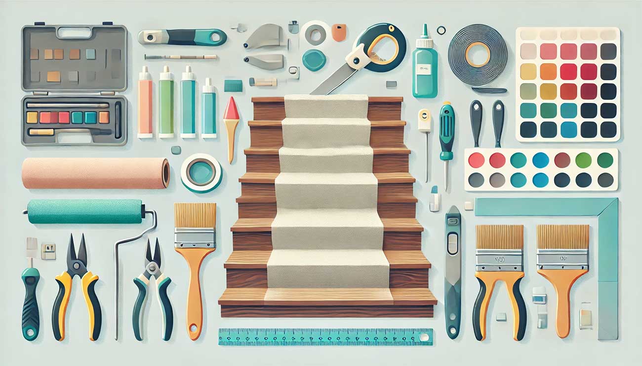 Illustration avec des outils et matériaux nécessaires pour poser une moquette sur un escalier, incluant colle, spatules, cutter
