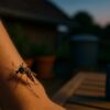 Moustique tigre en macro sur la peau au soleil couchant, pattes rayées nettes, arrière-plan bokeh avec plantes, toit de maison et flacon de répulsif posé sur la table
