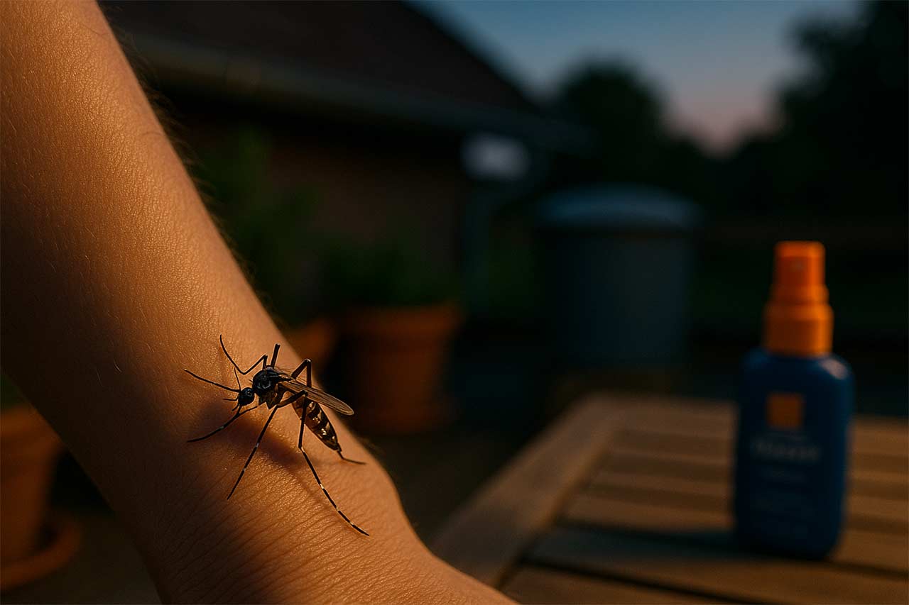 Moustique tigre en macro sur la peau au soleil couchant, pattes rayées nettes, arrière-plan bokeh avec plantes, toit de maison et flacon de répulsif posé sur la table
