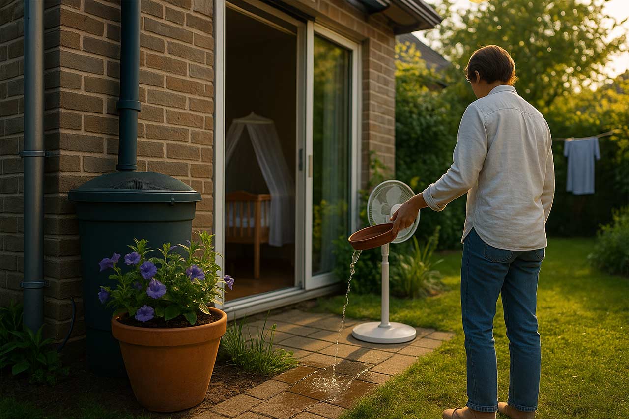 Jardin urbain en fin d’après-midi : personne vidant l’eau d’une soucoupe près d’un récupérateur couvert d’une grille, ventilateur extérieur, baie vitrée ouverte sur un berceau sous moustiquaire.