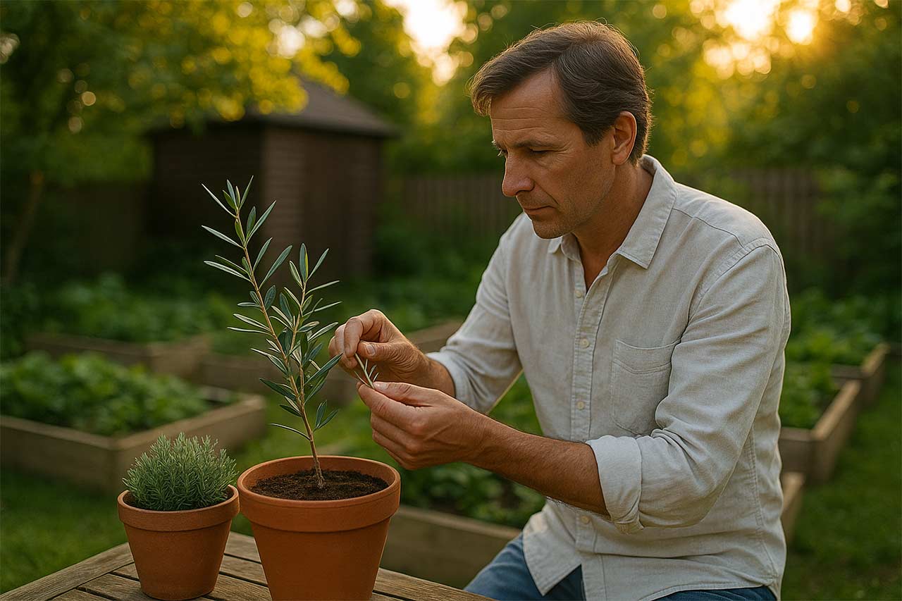 Homme examinant un jeune olivier en pot sur une table de jardin, lumière dorée, bacs potagers flous en arrière-plan, ambiance calme et verdoyante