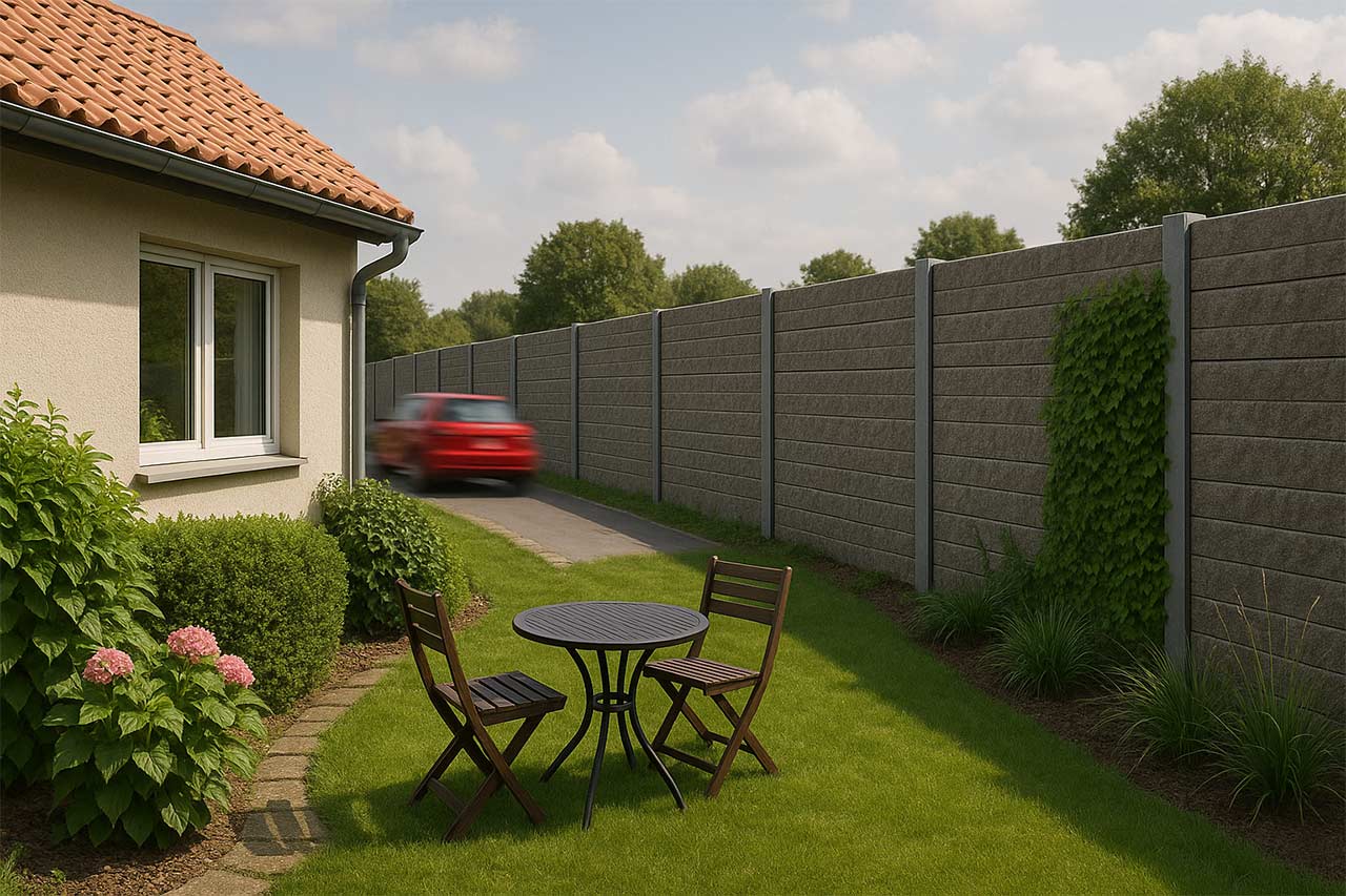 Un jardin paisible protégé par un mur anti-bruit en béton, séparant l’espace vert d’une route empruntée par une voiture rouge, avec une maison à gauche, un salon de jardin au centre et des plantes grimpantes sur le mur, sous un ciel légèrement nuageux.