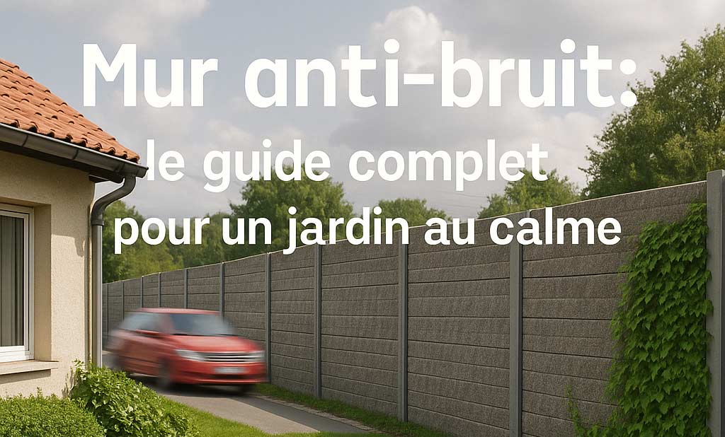 visuel d'un jardin avec un mur anti bruit et le titre : mur anti bruit,le guide complet pour un jardin au calme