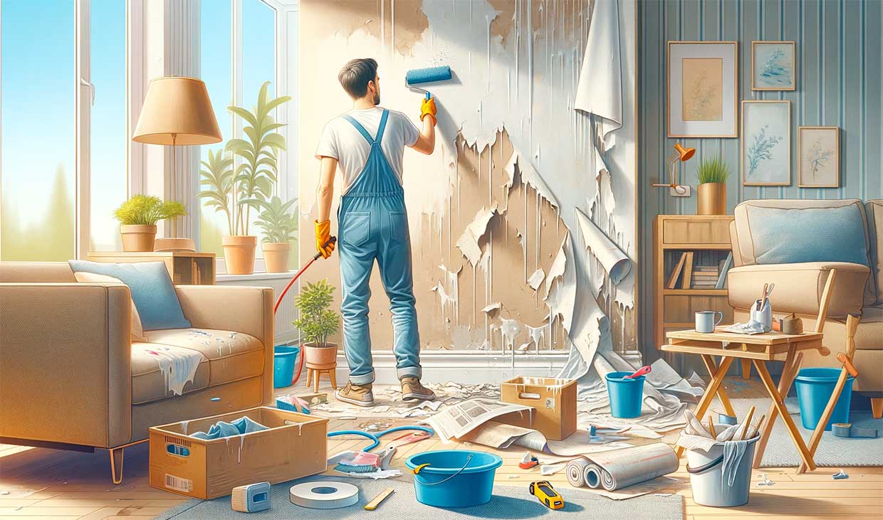 homme en train de préparer les murs pour la peinture, nettoyant avec soin les surfaces, décapant les anciennes couches de peinture et de papier peint
