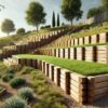 illustration réaliste d'un jardin avec différents murs de soutènement en bois qui structurent le paysage