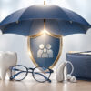 Dent, lunettes, aide auditive et portefeuille protégés par un bouclier et un parapluie symbolisant la mutuelle santé
