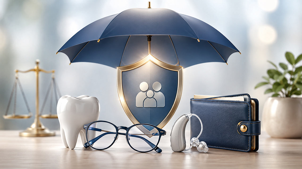 Dent, lunettes, aide auditive et portefeuille protégés par un bouclier et un parapluie symbolisant la mutuelle santé