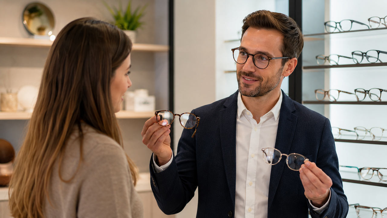 Opticien présentant deux paires de lunettes à une cliente dans une boutique moderne