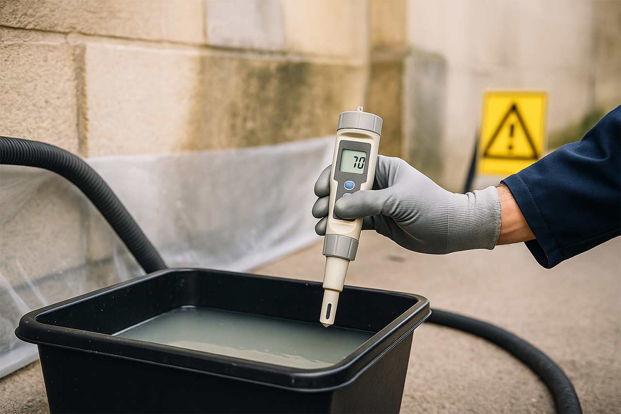 Gros plan sur bac de rétention rempli d’eau légèrement trouble relié à une façade en nettoyage, sonde pH tenue par une main gantée affichant une valeur neutre, arrière-plan flou montrant la zone protégée et un panneau d’avertissement