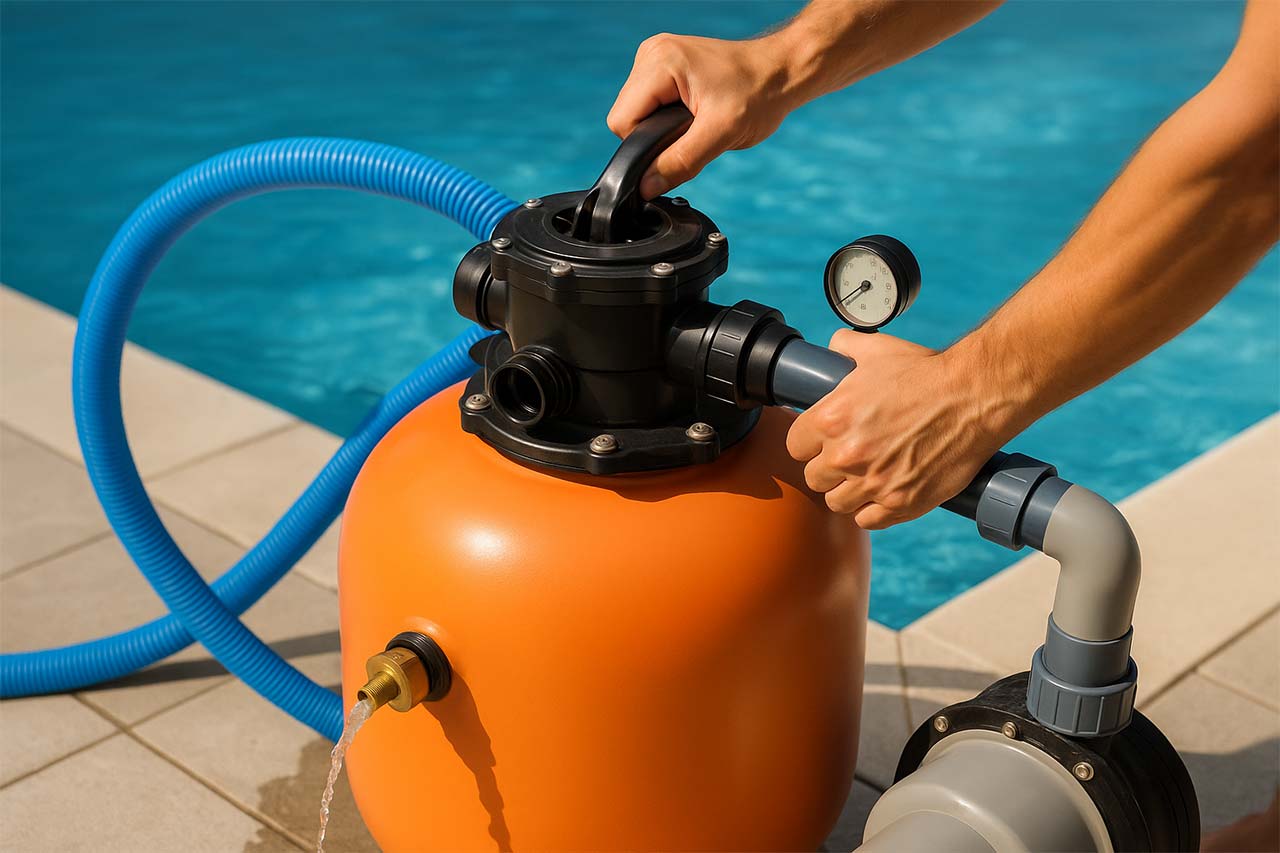 Entretien d’un filtre à sable de piscine : une personne ajuste la vanne multivoies d’un filtre orange près d’une piscine extérieure aux eaux limpides