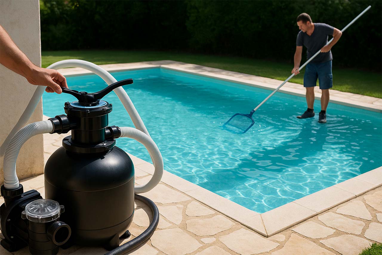 visuel avec un homme nettoyant sa piscine à l'arrière plan et un filtre au premier plan