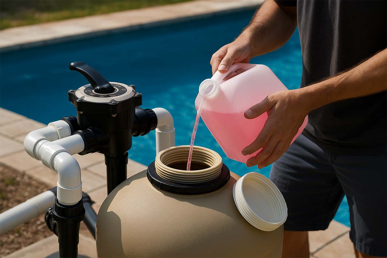 un homme verse un produit détartrant rose dans un filtre à sable beige, au bord d’une piscine