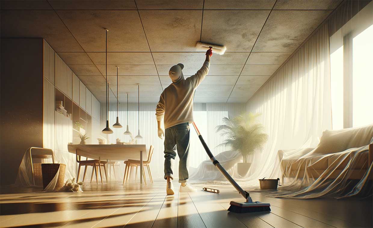 homme en train de nettoyer un plafond. La scène montre des gestes précis de nettoyage avec un balai et une éponge, dans un intérieur contemporain avec des meubles couverts de draps de protection.
