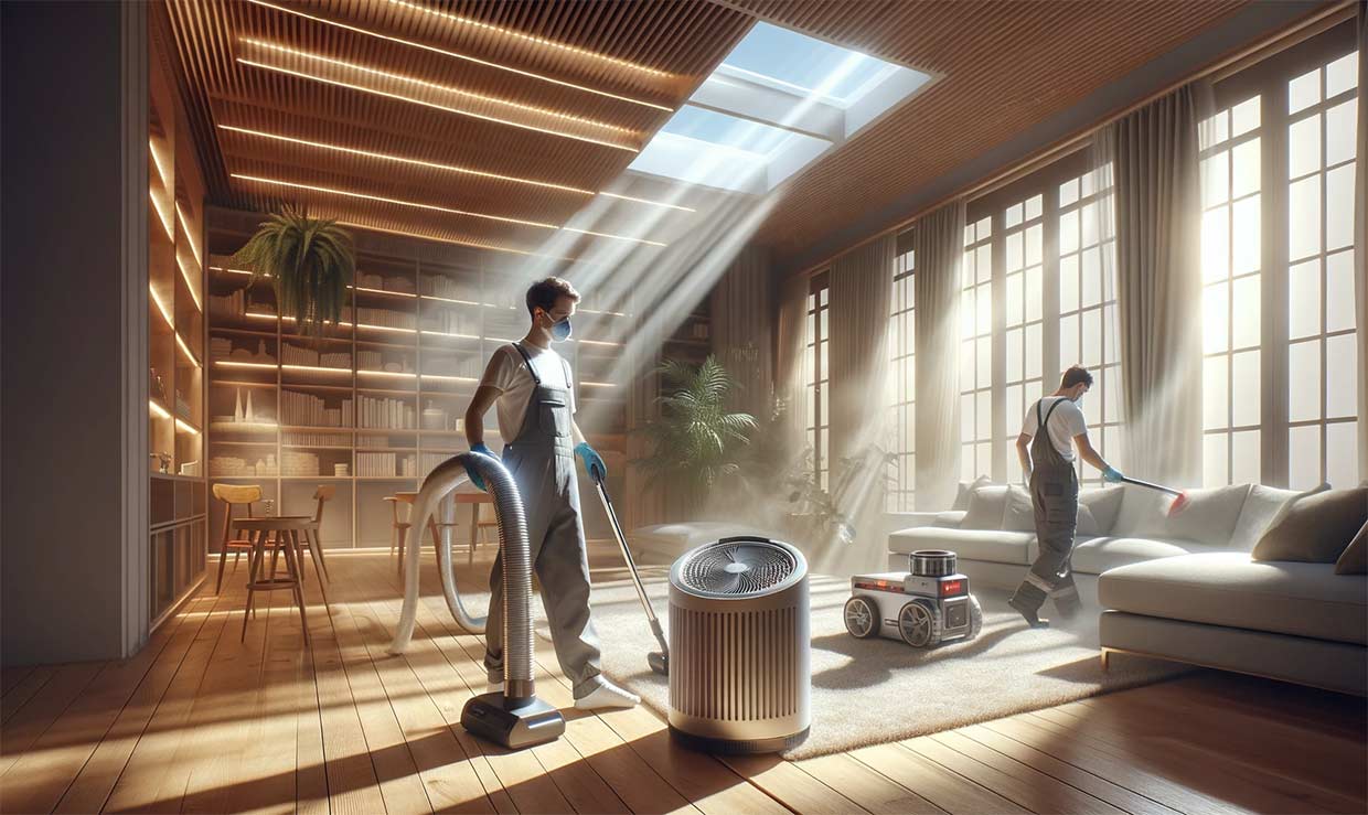 Un salon lumineux avec des rayons de soleil traversant les fenêtres, montrant une personne utilisant un purificateur d'air moderne, une autre passant l'aspirateur sur le sol, et un technicien inspectant un conduit de ventilation. L'ambiance est propre et bien entretenue, avec une sensation de fraîcheur et d'absence de poussière.
