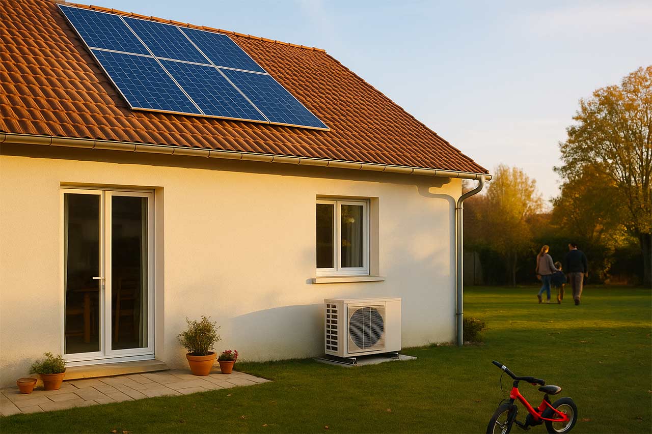 Vue d’un pavillon rénové avec unité extérieure de PAC et toiture équipée de panneaux solaires, ciel clair d’automne