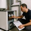 Technicien contrôlant une PAC en sous-sol, documents de chantier et attestation CEE visibles, focus sur détails techniques