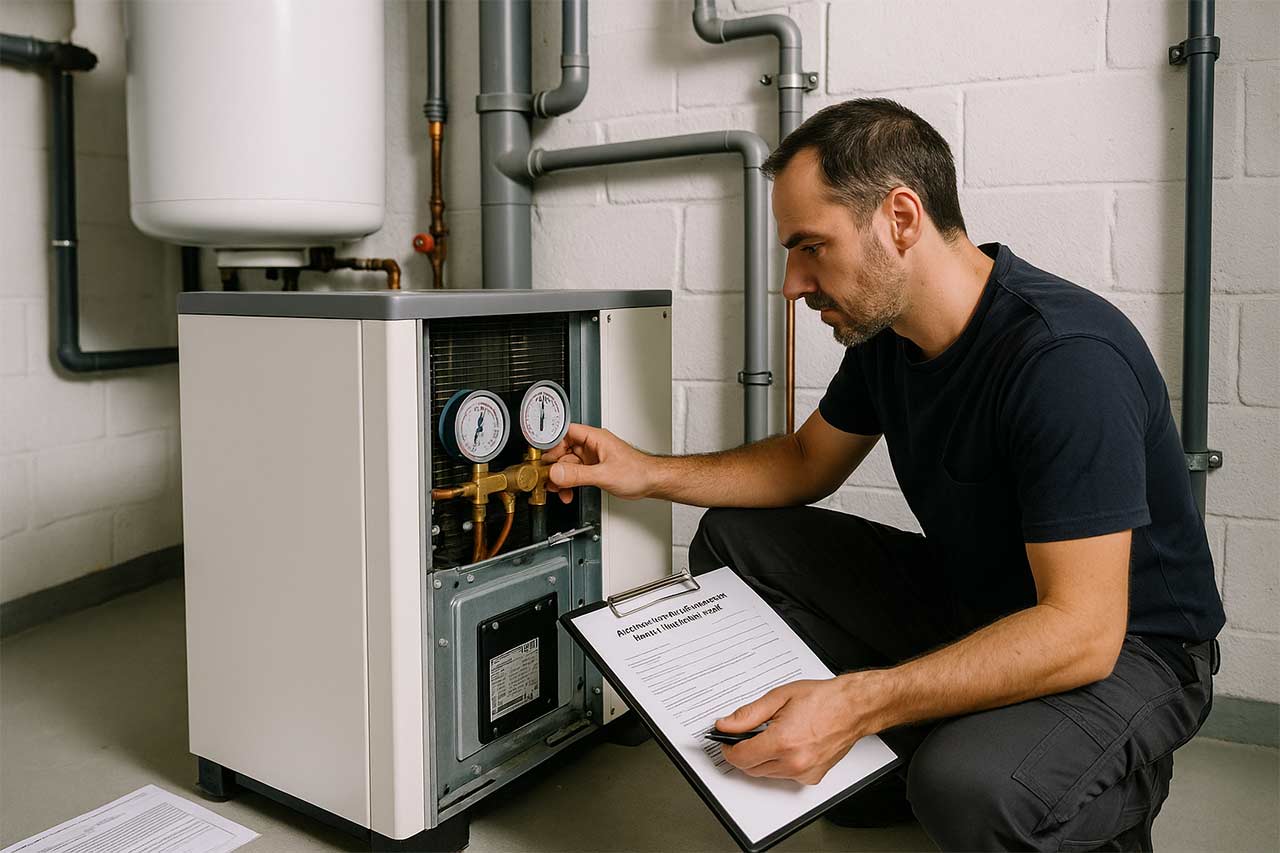 Technicien contrôlant une PAC en sous-sol, documents de chantier et attestation CEE visibles, focus sur détails techniques
