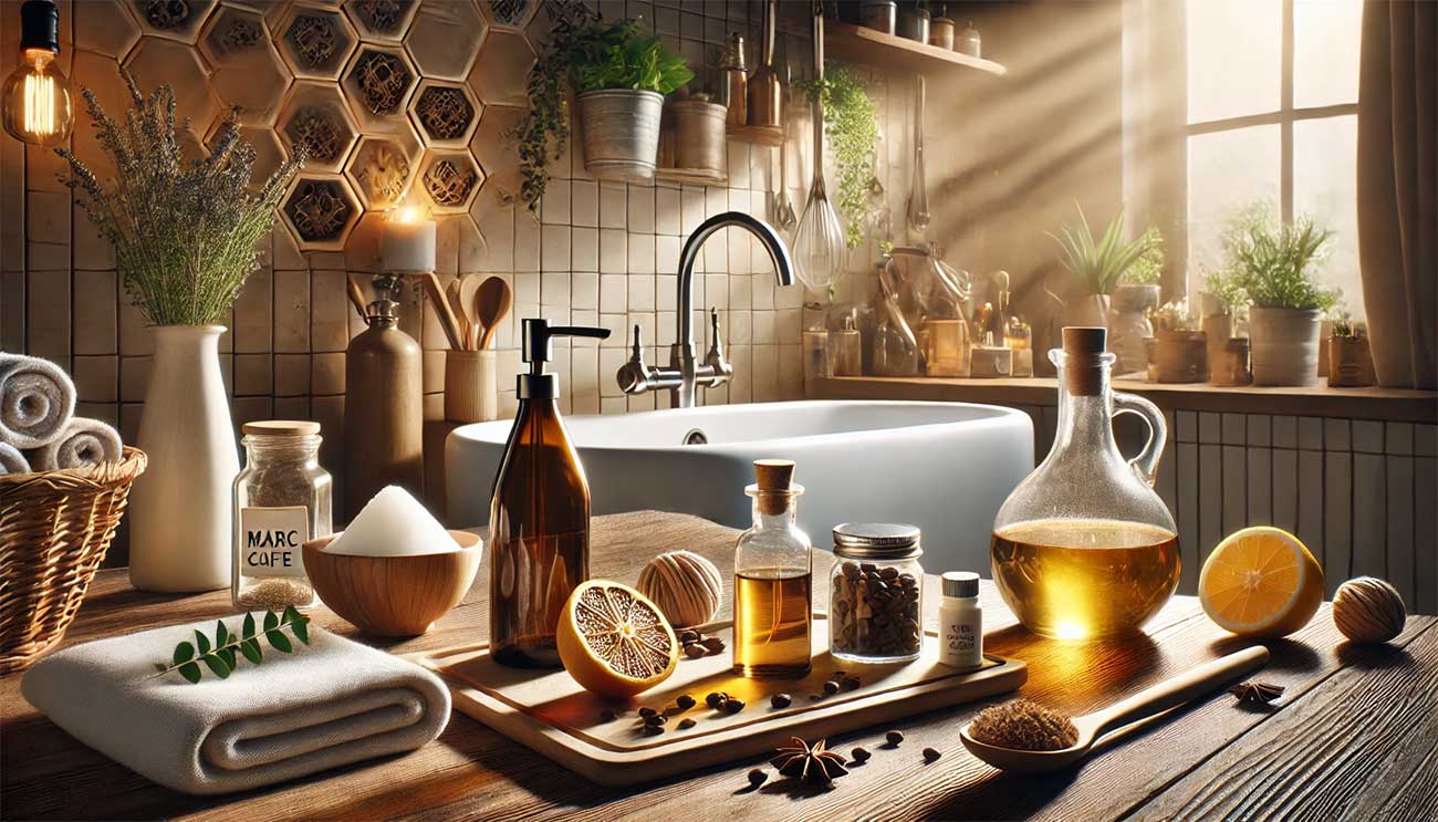 mage réaliste représentant le troisième tiers d'un texte sur les astuces maison pour éliminer les odeurs : des accessoires naturels comme des huiles essentielles et du marc de café posés à côté d'un évier, avec une ambiance fraîche et lumineuse.