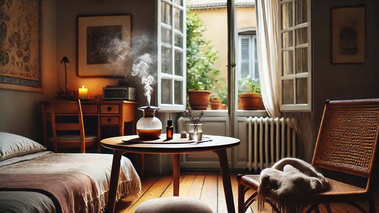 Un salon lumineux avec des fenêtres ouvertes laissant entrer l'air frais. Sur une table, un cendrier est vidé et propre avec un petit fond de sable. Un diffuseur d'huiles essentielles est posé à côté. Une atmosphère accueillante et bien ventilée avec des tissus légers et propres.
