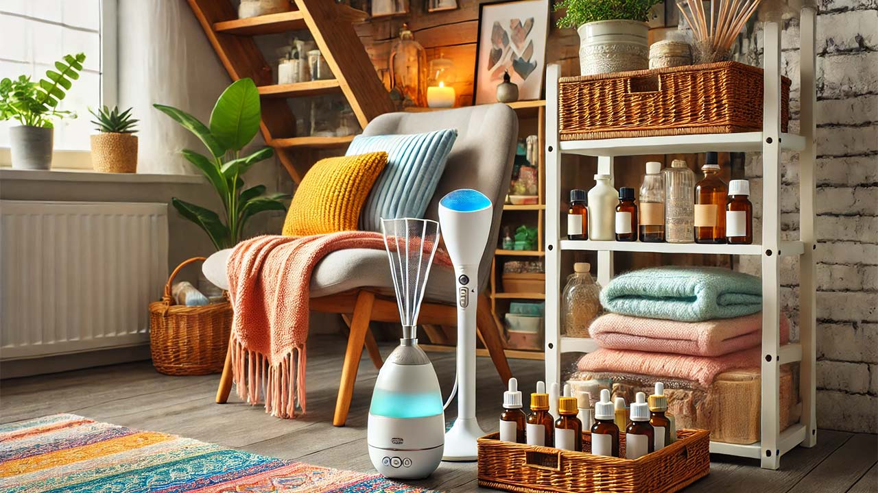 Un intérieur cosy avec des rideaux et des coussins colorés. Sur une étagère, plusieurs bouteilles d’huiles essentielles et un diffuseur sont visibles. Un tapis est saupoudré de bicarbonate de soude et un aspirateur est prêt à être utilisé.
