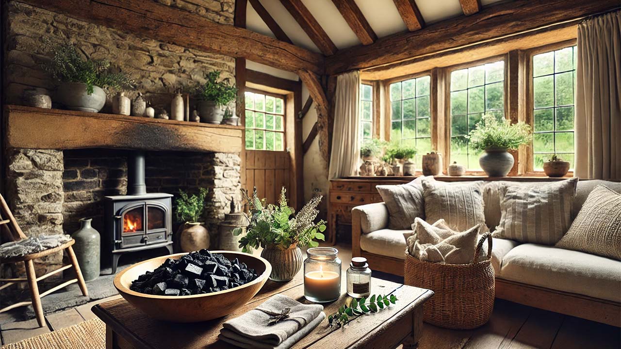 Un salon rustique de style champêtre avec des poutres en bois, une cheminée en pierre et un éclairage doux. Les fenêtres sont ouvertes et donnent sur un jardin luxuriant à l'extérieur. Un bol de charbon de bois est posé sur une table basse en bois, entouré de plantes décoratives et d'un pot en verre contenant des huiles essentielles.