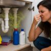 photo d'une femme qui se bouche le nez à côté des canalisations sous un évier