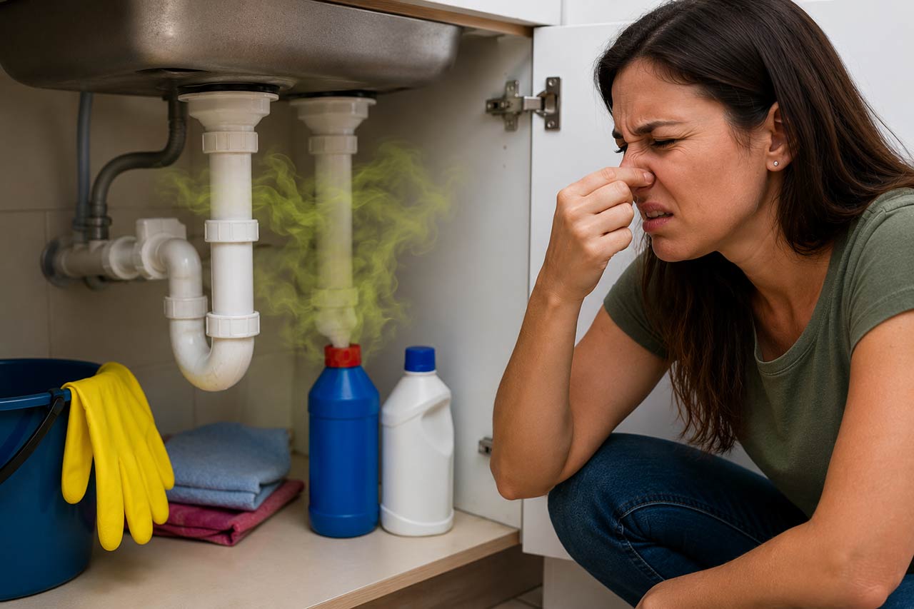 photo d'une femme qui se bouche le nez à côté des canalisations sous un évier