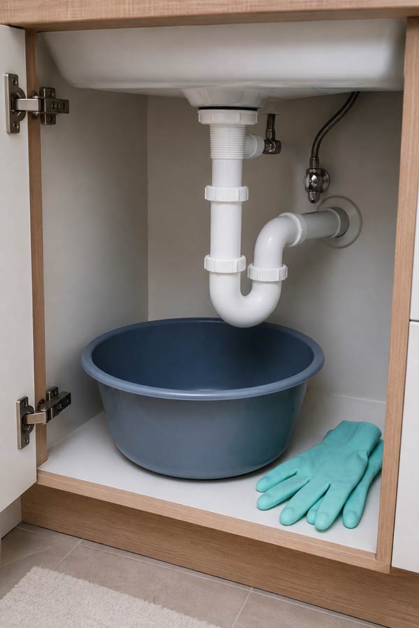 Photo sous un lavabo de salle de bain, porte de meuble ouverte, siphon visible, bassine posée dessous et gants de ménage à côté