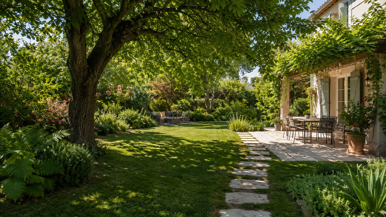 ardin familial ombragé par un grand arbre caduc, terrasse claire et massifs verts sous une lumière d’été tamisée