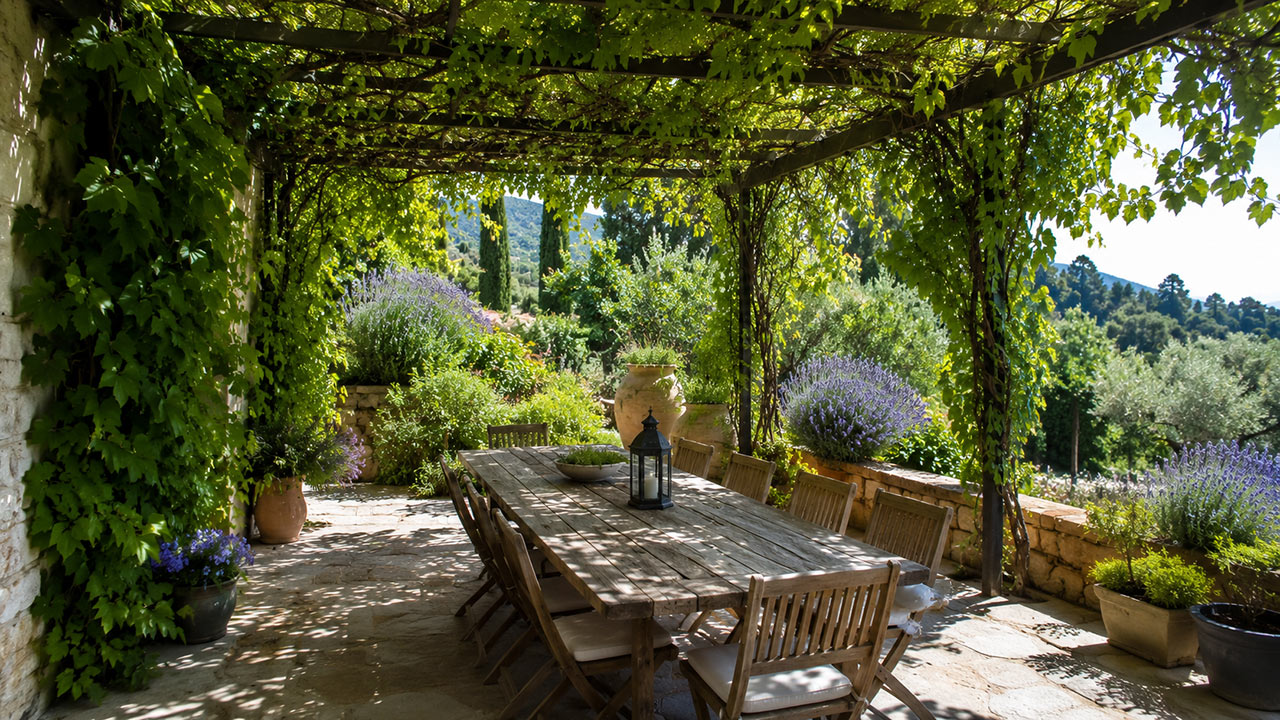 Pergola végétalisée au-dessus d’une table de jardin, feuillage dense et ombre mouchetée sur une terrasse en pierre
