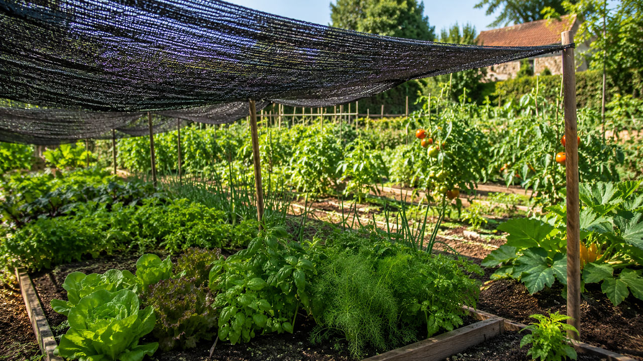 Potager familial protégé par un filet d’ombrage noir, avec salades, aromatiques et tomates sous un soleil d’été