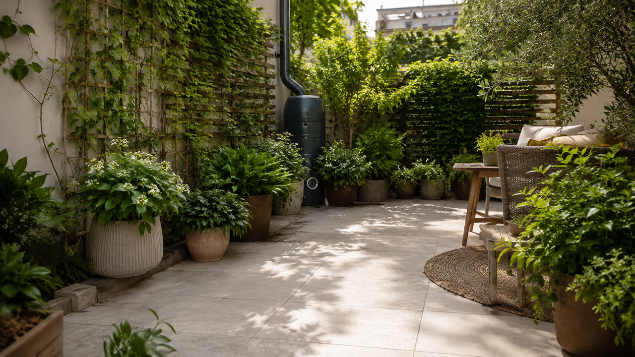 Terrasse urbaine végétalisée avec récupérateur d’eau, pots groupés, treillis grimpants et ombre légère